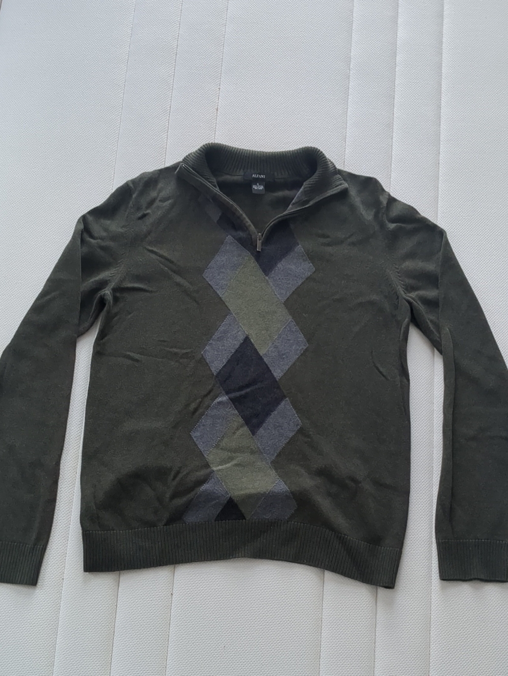 Alfani Olive Argyle Zip-Up Sweater with Gray and Black Diamonds